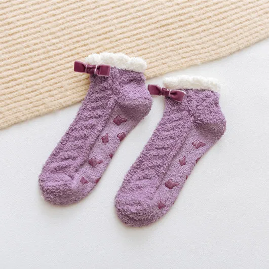Pure bow - Purple SP& CITY/женские милые носки из кораллового флиса в стиле Харадзюку ярких цветов зимние плотные удобные носки до лодыжки домашние носки-тапочки, сохраняющие тепло - Цвет: Pure bow - Purple