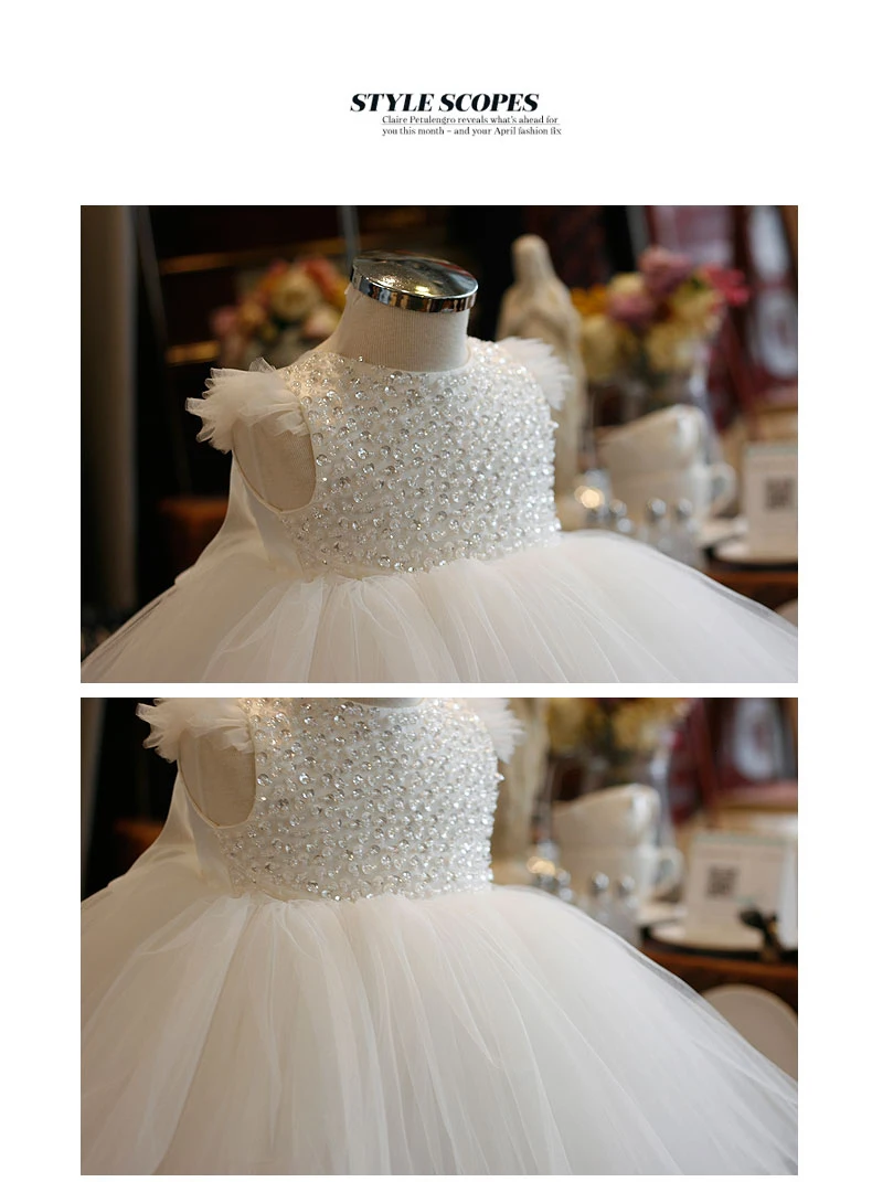 New Fashion Sequin Flower Girl Dress Party Wedding Princess White Tulle Toddler Baby Girls Baptism Christening 1st Birthday Gown