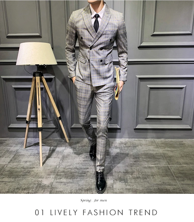 Черный, серый, синий клетчатый костюм для мужчин Slim Fit Свадебное платье для мужчин из трех частей s двойные приталенные пиджаки сценическое элегантное платье Q763