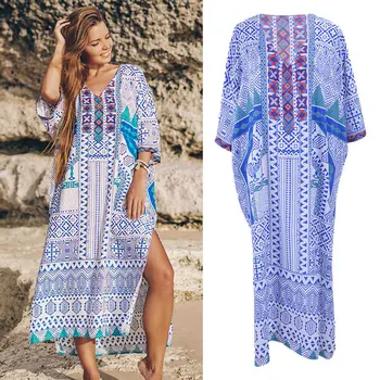 

Women's Beach Tunic Woman Outings Cover Up Swim Dress People Loose Cotton Print Bikini Suit With Sierra Surfer For Women