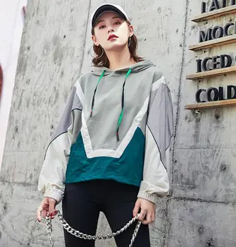 

2019 Casual Chic Patchwork Colors Hoodies Top Street Fashion Women Loose Pullover Sweatshirt wtih Hood