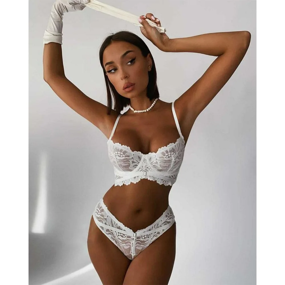 lace bra and panty sets Yimunancy 2-piece Lace Bra Set Women Floral Underwear Set Ladies Transparent White Sexy Lingerie Set sexy bra panty set