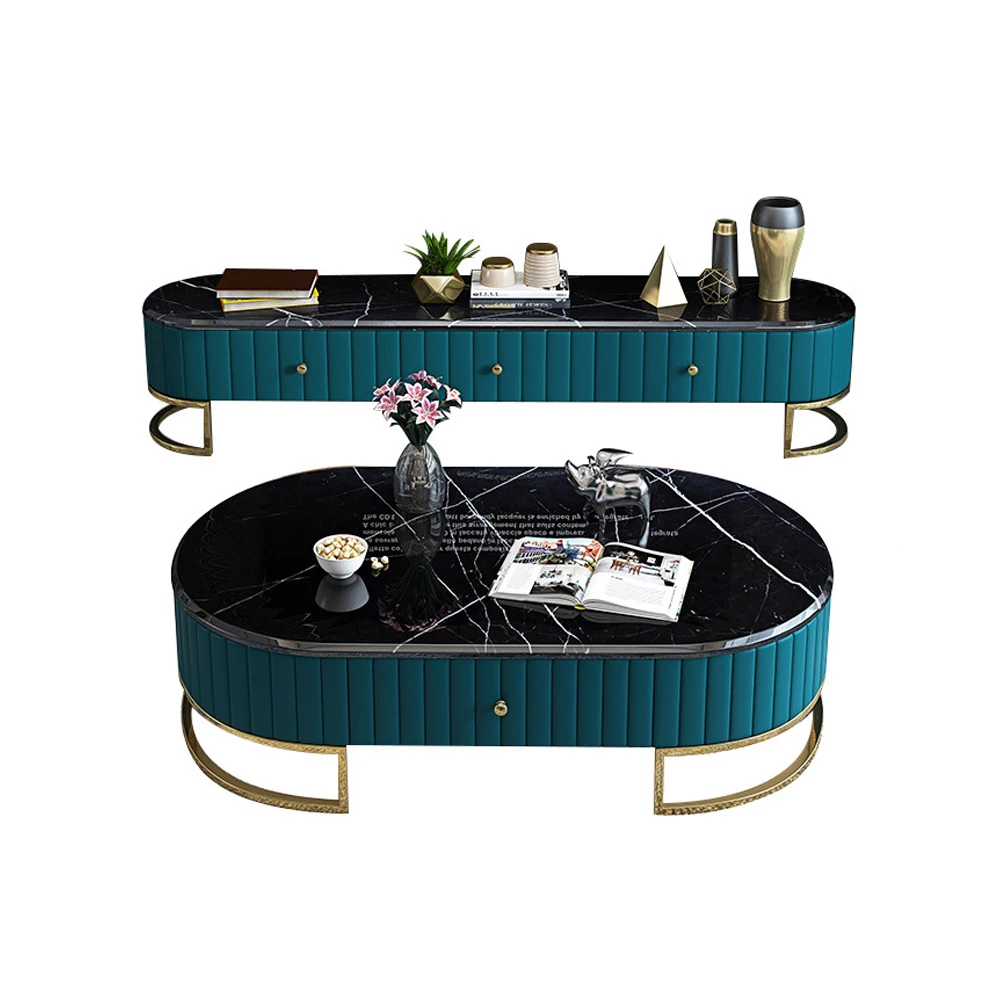 tea table bluek/white Living Room TV monitor stand mueble marble leather oval edge cabinet +tv stand table+Coffee centro Table