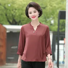Spring Autumn Women Elegant Chiffon Blouses Blue Red V-neck Three Quarter Sleeve Tops Female Smart Casual Plain Colour Blouse