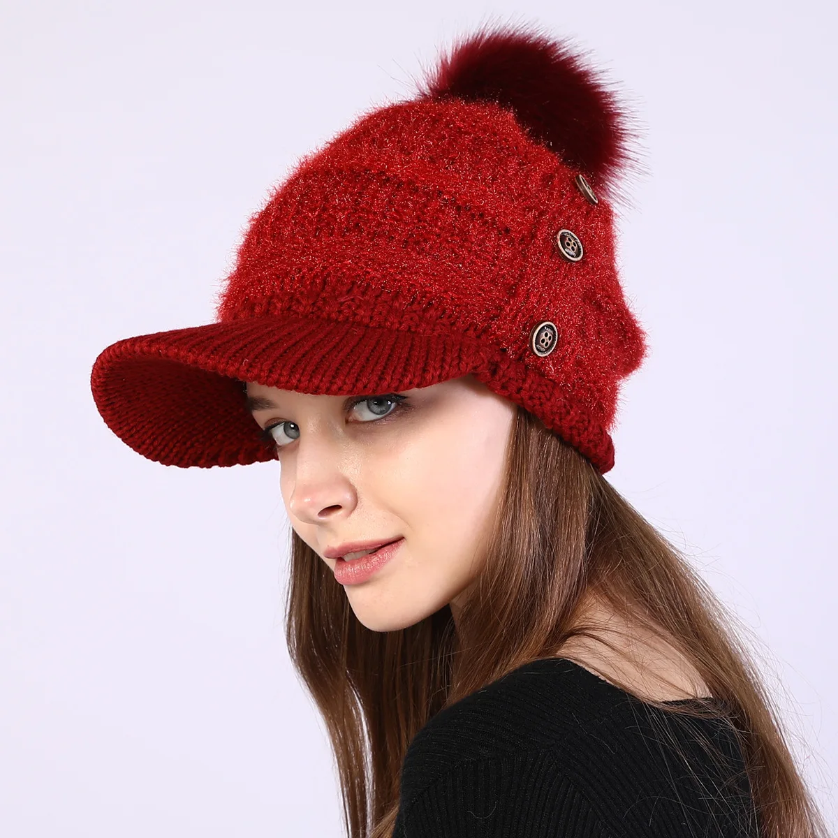 

2019 Women's Autumn & Winter New Style 3 PCs Button Brushed And Thick Warm Brim Hat of Fluff Knitted Wool Cap