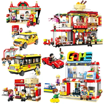 

Building Brocks Toys School Bus Restaurant Supermarket Colorful City Architecture Building Bricks Compatible With Lepining
