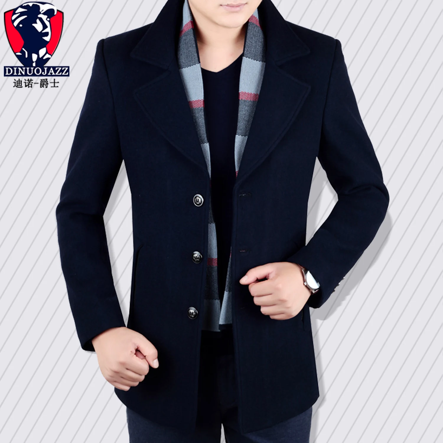 

Man Wool Overcoat Loose Male Lapel Young Middle-aged Male Coat Leisure Time Long Fund Striped scarf detachable cold