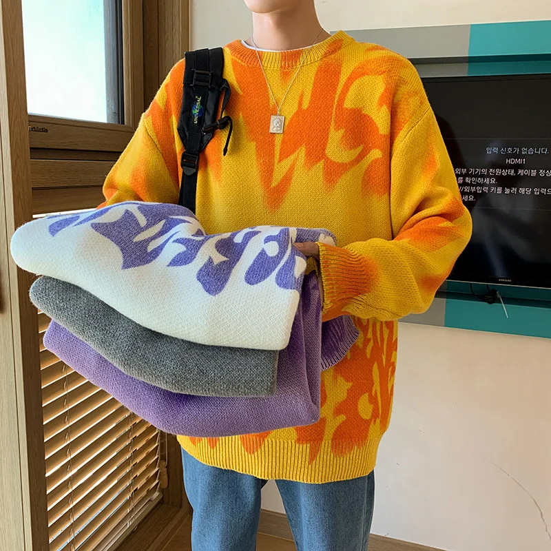 UYUK Autumn And Winter Loose Casual Trend Round Neck Print Street Wind Knitted Multicolor Sweater Clothes Homme Men UYUK Autumn And Winter Loose Casual Trend Round Neck Print Street Wind Knitted Multicolor Sweater Clothes Homme Men
