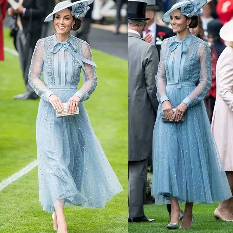 2019 spring autumn women dress blue bow long sleeve heavy embroidery mesh vintage a-line n126 | Женская одежда