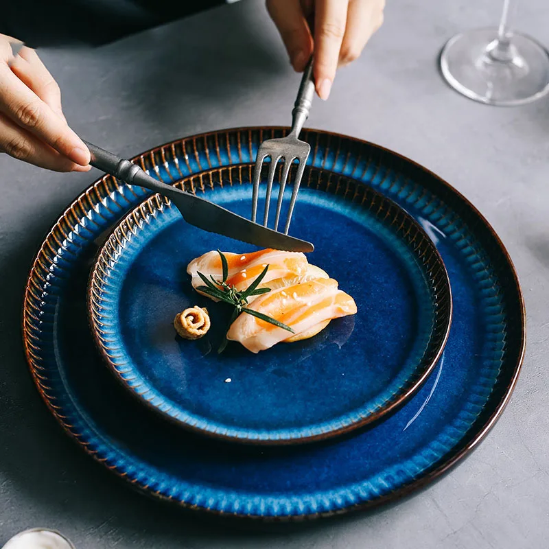 ANTOWALL Creative Nordic ceramic plate blue stripe flat plate household ceramic western pasta steak