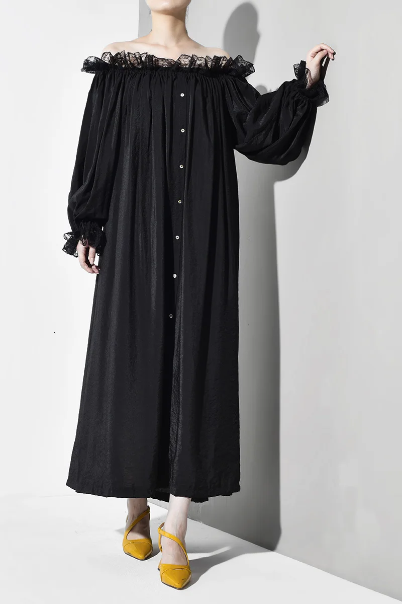 [EAM] Новое весенне-осеннее платье с вырезом лодочкой и длинным пышным рукавом, кружевное платье на пуговицах, плиссированное свободное платье большого размера, Женская мода JZ0440
