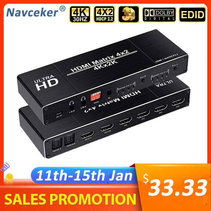 2020 Лучший 4K 4x2 HDMI матричный переключатель разветвитель EDID Настройка с двойным SPDIF