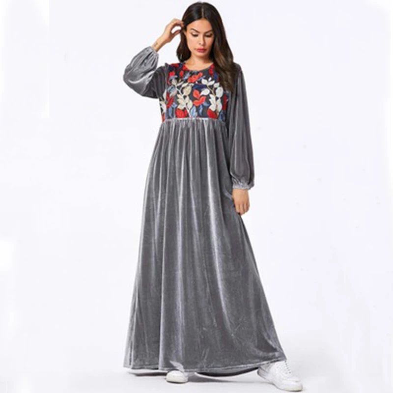 

Women Velvet Kaftan Morocco Dress Gray Long Dubai Abaya Thicken Warm Winter Autumn Spring Plus Size Muslim Lady Robe Arabe