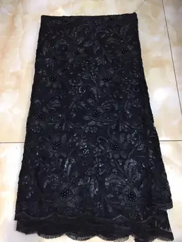 

2019 black latest French Nigerian lace fabric with beaded gem tulle African lace fabric wedding African French tulle lace