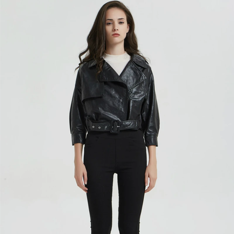

Solid Washed PU Coat Short Length Zipper Motorcycle Modis Ladies Basic Jacket with Sashes 2019 Autumn Women Black Leather Jacket