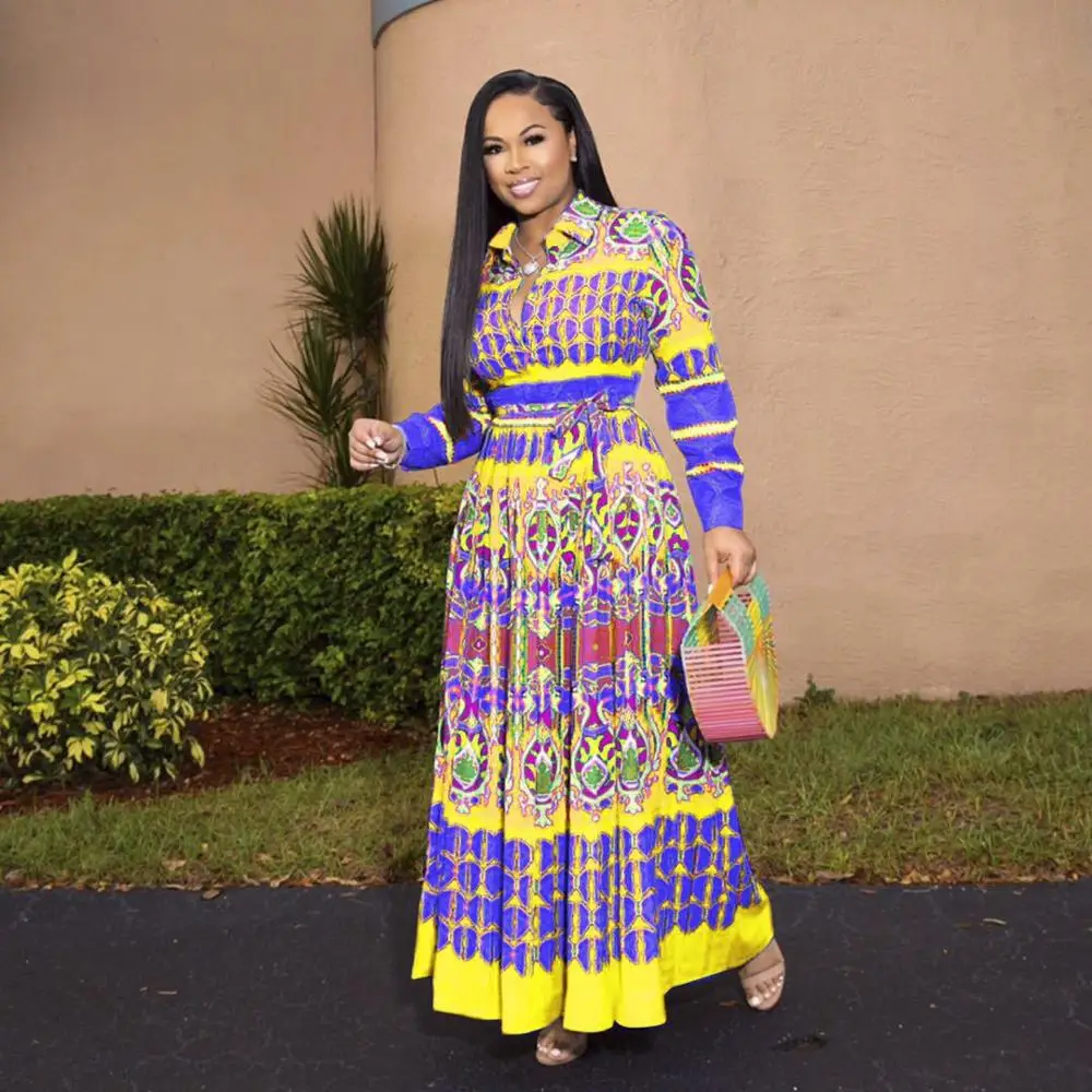 Африканские платья для женщин рубашка в африканском стиле африканская одежда Дашики модная ткань с принтом Длинное Макси платье африканская одежда - Color: YELLOW
