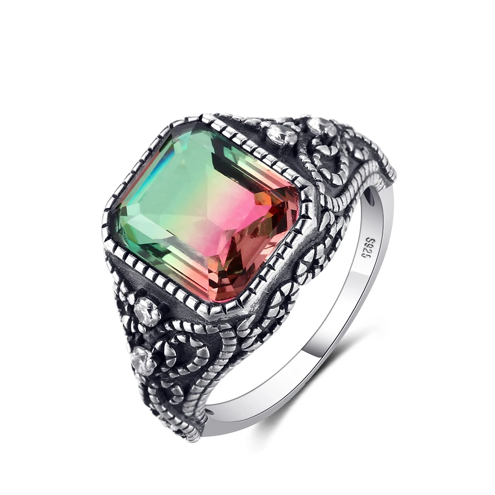 Multicolor Large Rectangular 10 * 12MM Turquoise Ring Female Engagement Wedding Party Jewelry Vintage Fine Jewelry