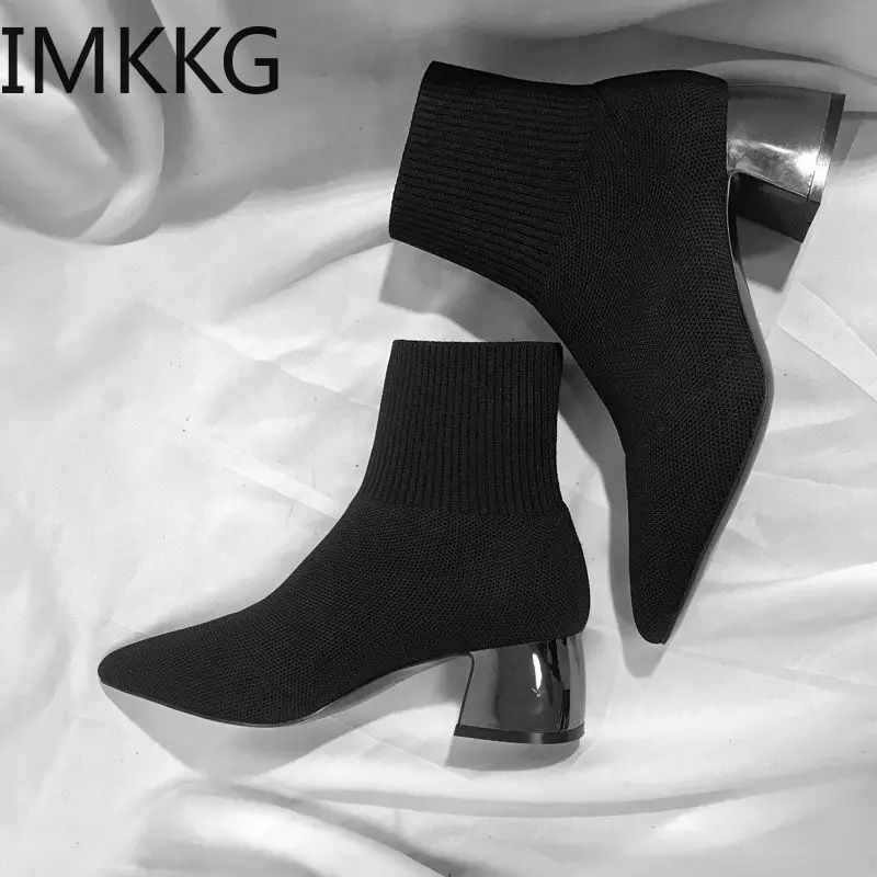 Pointed Heel Chunky Sock Boots Sock Boots Women Chunky Heel Sock