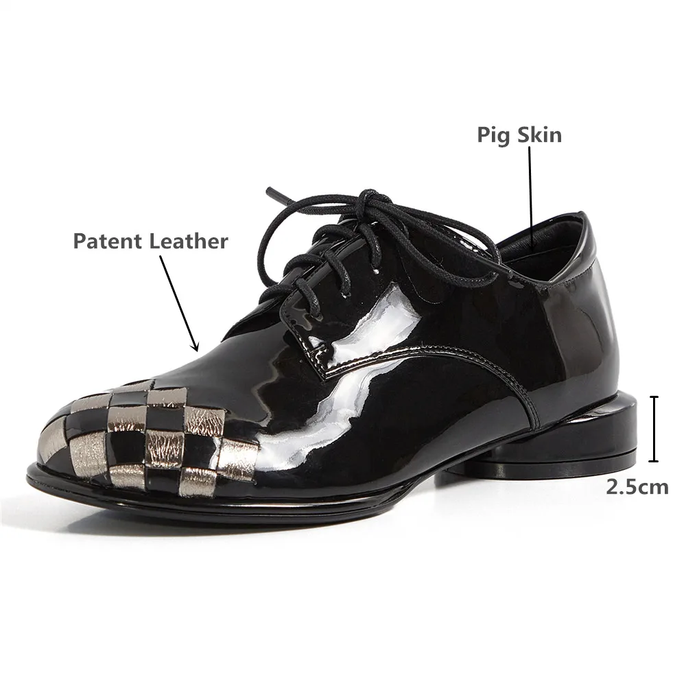 MILIMIYA Fashion Mixed Color Round Toe Women Patent Leather Pumps Lace Up Comfortable Low Thick Heels Casual Shoes Size 3440