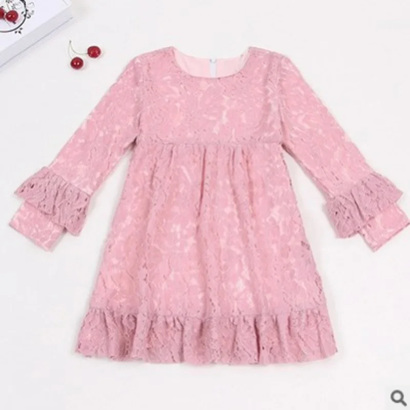 Модное детское платье Коллекция года, милое летнее однотонное платье для девочек возрастом от Size4-14 лет, 3 цвета(без украшений) кружевное платье с длинными рукавами, ly192