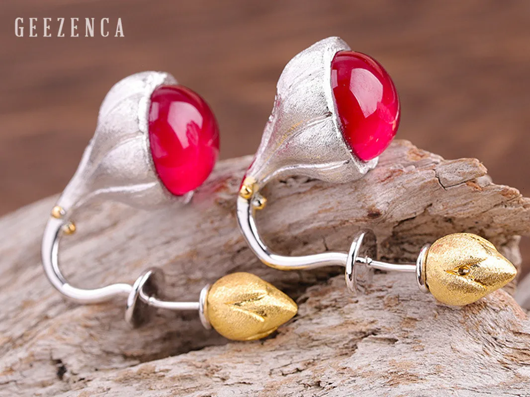 925 Sterling Silver Gemstone Corundum Jewelry Set With Necklace Stud Earrings Handmade Craft Lotus Flower Bud Fine Jewelry Women