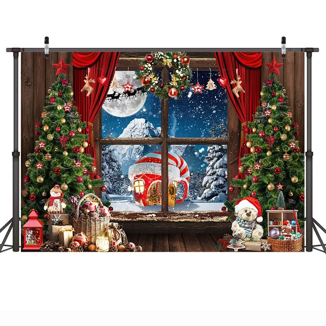 Christmas Window Backdrop Winter Snow Wonderland Birthday Portrait Background Curtain Wreath Christmas Tree Photography Props style-16