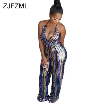 

Striped Sequined Splied Sexy Jumpsuit Women Halter Neck Openc Back Wide Leg Romper Autumn Winter Off Shoulder One Piece Overall