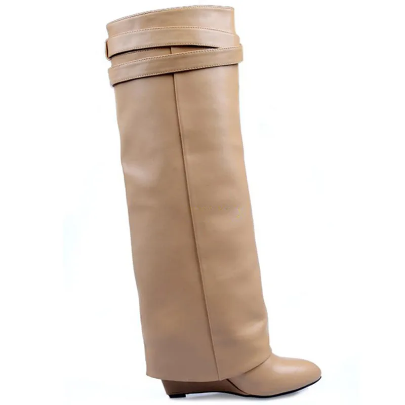 Autumn Winter New Woman Leather Botas Mujer Wedge Shark Lock Women Knee High Boots Slip-on Fold Over Lady Motorcycle Boots