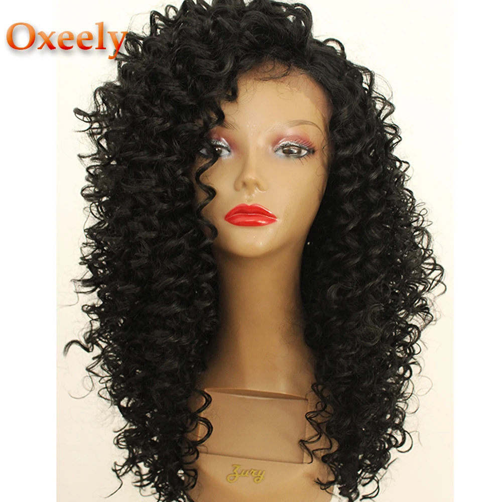 Oxeely 180 плотность длинные распущенные кудрявые волосы синтетические волосы на кружеве Искусственные парики Glueless черный легкие кудри