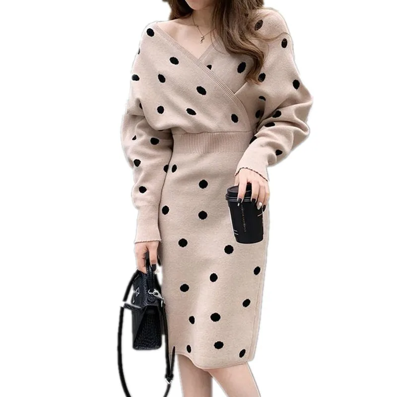 

2020 New Fashion Women Dot Knitted Dress Spring Long Sleeve Thick Warm Sexy V Neck Slim Casual Sweater Dresses Pencil Vestidos