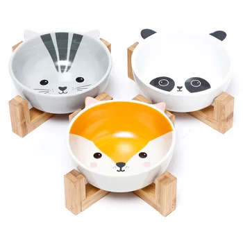 

Cartoon Pet bowl High-stand cat Bowl Simple color Wooden Stand Shelf Ceramic container Feeding and Drinking Bowls for Cat dog
