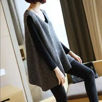 

Sleeveless Solid Color Simple Fashion Knitted Sweater Pullover Women Spring Mid-length Loose V-neck Sweater Vest Femal Plus Size