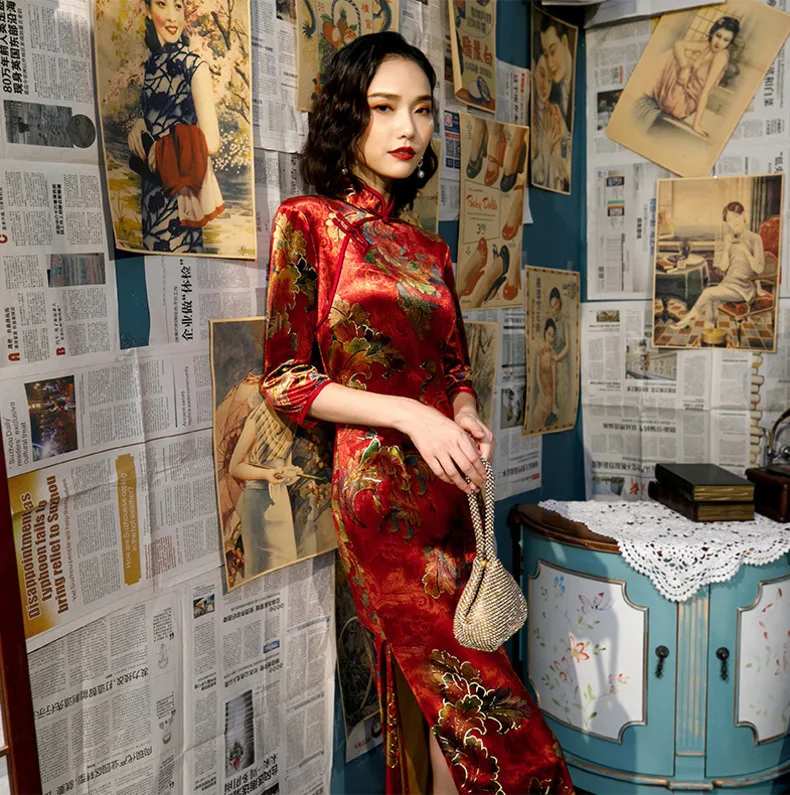 Sheng Coco женское бархатное платье с принтом Cheongsam Qipao, китайское свадебное платье с длинным рукавом, вечерние платья, Длинные вечерние платья 4XL 5XL