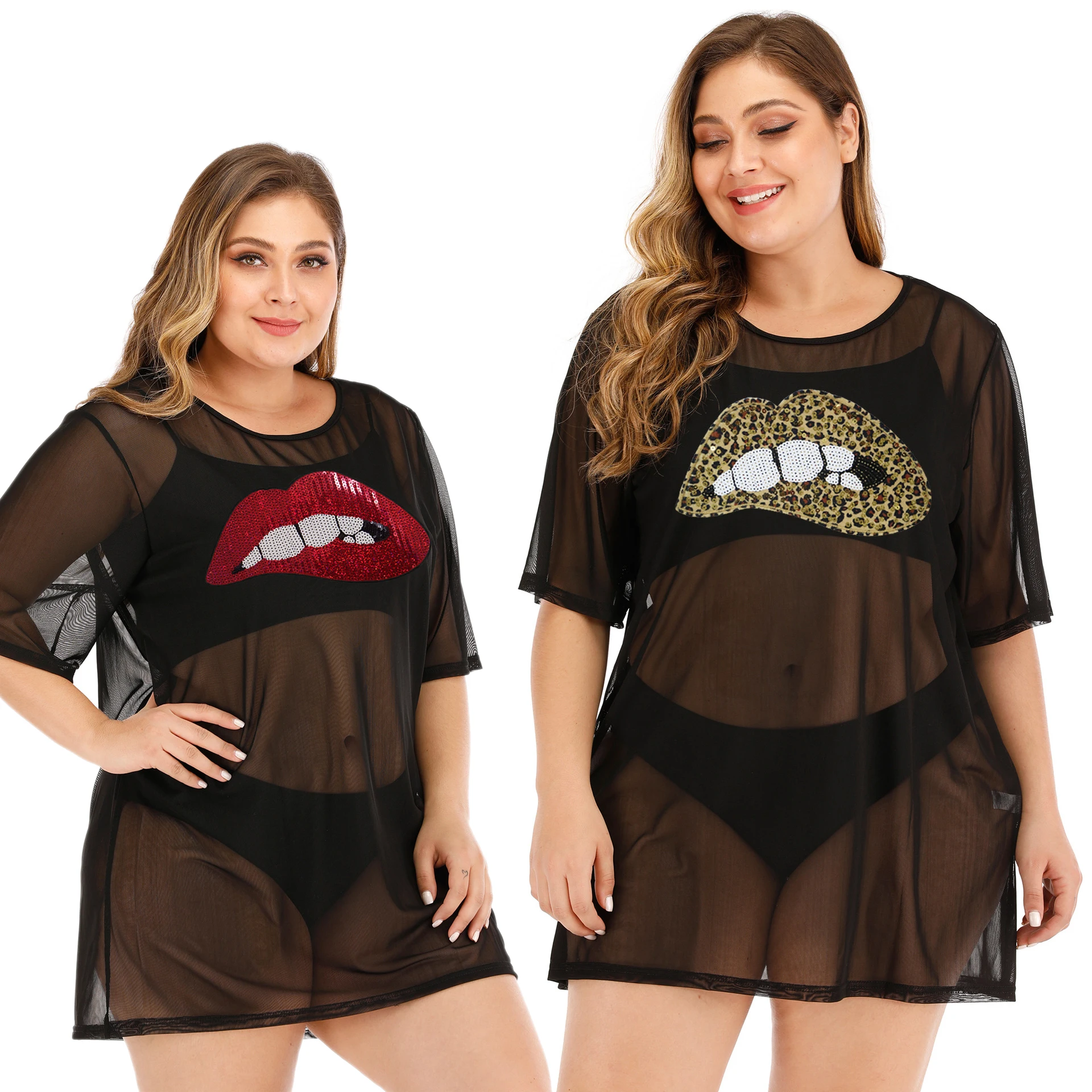 

Plus Size Sexy Women Dress Mini Cover Ups Short Sleeve See Through Leopard Lip Sequins Sheer Mesh T Shirt Dresses