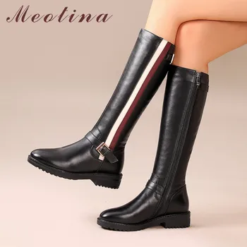 

Meotina Winter Riding Boots Women Genuine Leather Buckle Thick Heel Knee High Boots Mixed Colors Zip Shoes Lady Autumn Size 4-10
