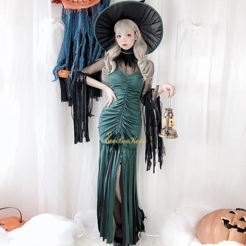 

Halloween costumes for women Green Witch Long Dress and Hat Halloween Adult Sexy Party Dress Devil Cosplay Costume For Famale