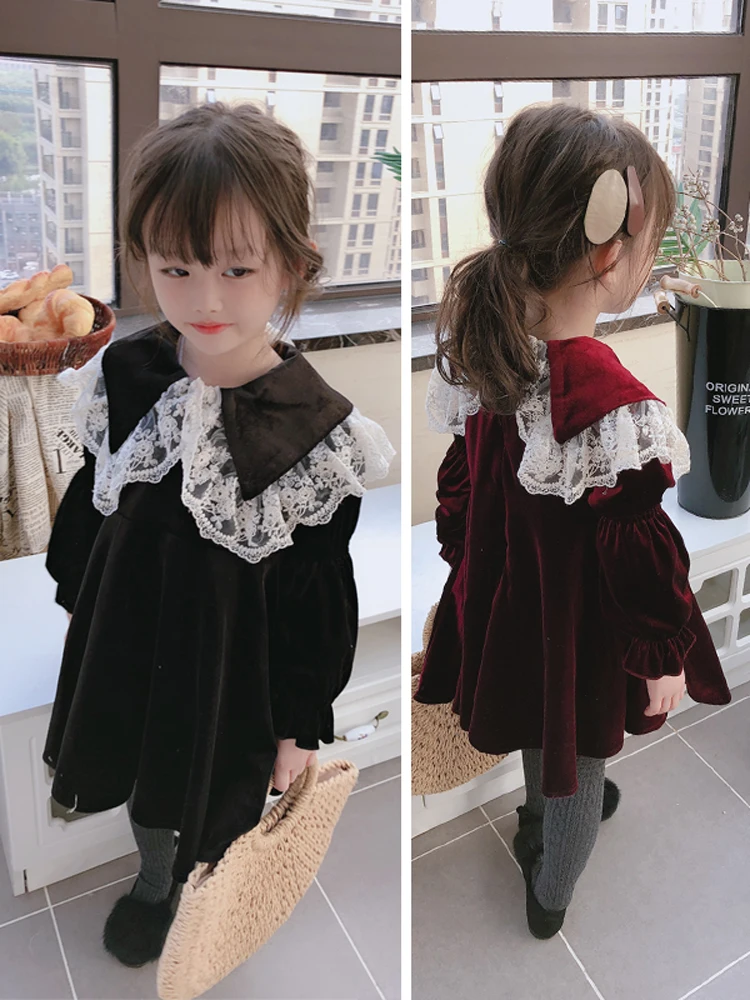 

2020 New Girl Dress Children's Girls Christmas Clothes Kids Dresses for Girls Baby Cute Lace Collar Gold Velvet Casual Dresses