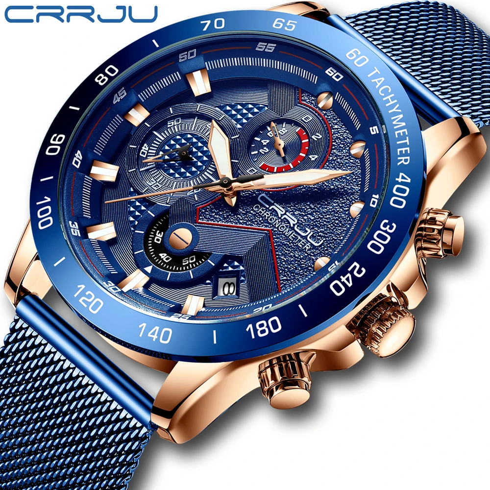 CRRJU, модные мужские часы, Роскошные наручные часы, кварцевые часы, синие часы, мужские водонепроницаемые спортивные часы с хронографом, Relogio Masculino