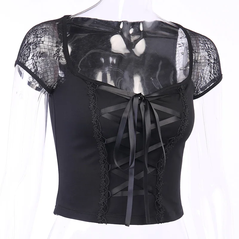 Vintage Tops Goth T-Shirt Frauen Bodycon Bandage Spitze schwarz T-Shirts Gothic Streetwear sexy weibliche Top Casual Mesh T-Shirt – Detail 12