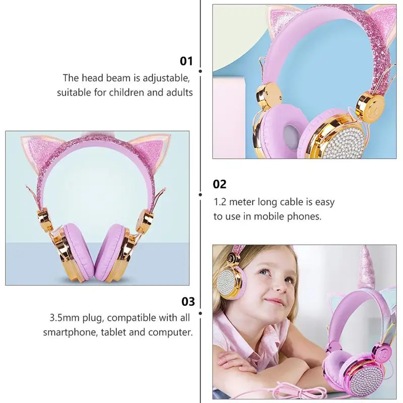 Funny Kids Headset Colorful Diamond Unicorn Girl Wired Headphones Music Stereo Phone Earphones Children Christmas Brithday Gifts