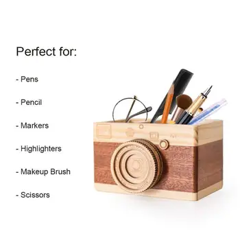 

Creative Camera Wooden Pencil Holder Home Desktop Stationary Makeup Organizer