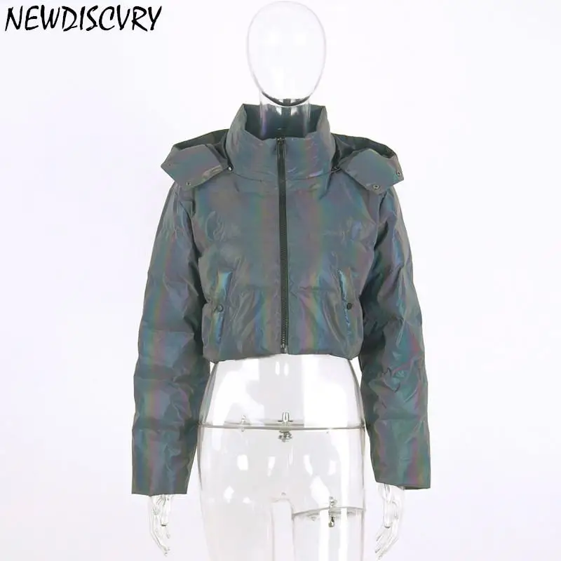 NEWDISCVREY, Devil, с капюшоном, светоотражающая, с хлопковой подкладкой, теплая парка, для женщин, укороченная куртка, зимнее пальто, с длинным рукавом, на молнии, верхняя одежда - Цвет: Многоцветный