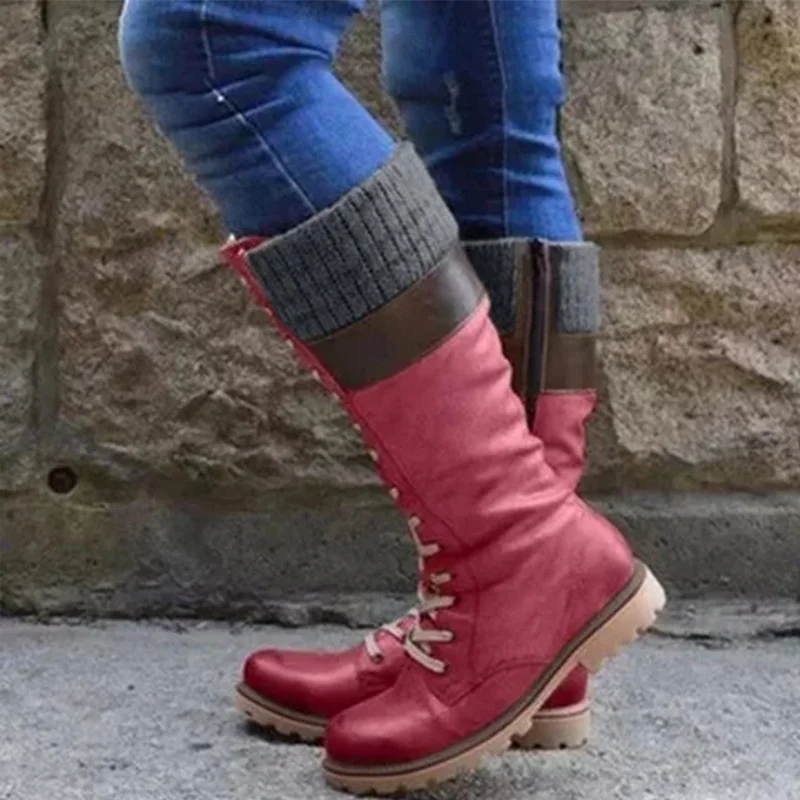 Женские сапоги до колена; женские винтажные сапоги на толстом каблуке и молнии; Женские Повседневные высокие сапоги на шнуровке; мягкая женская удобная обувь; Botas размера плюс - Цвет: Red
