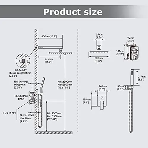 Matte Black Rain Shower System 12 Inch (about 30.4 Cm) Shower Head Combination Set With Handheld Luxury Pressure Rough In
