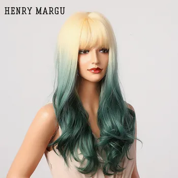 

HENRY MARGU Blonde Dark Green Ombre Wavy Wigs Long Natural Synthetic Wigs With Bangs Party Cosplay Heat Resistant Wigs For Women