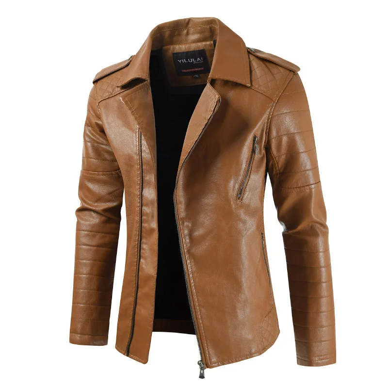 Зима осень мужская куртка пальто из искусственной кожи мотоциклетная Байкерская мужская деловая куртка роскошная кожаная коричневая тонкая простая однотонная куртка с отворотом