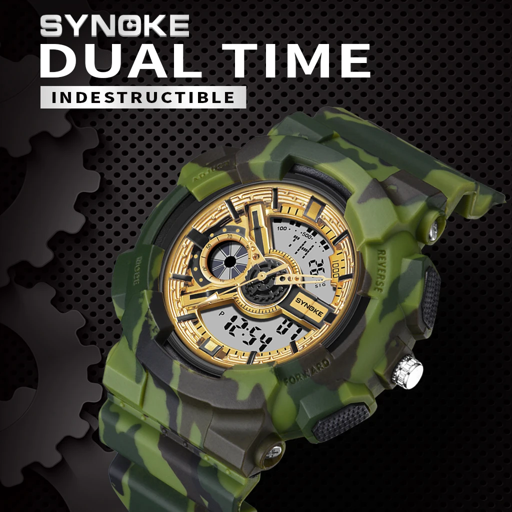 SYNOKE Новое поступление мужские военные цифровые часы камуфляжные уличные мужские спортивные электронные водонепроницаемые часы с двойным дисплеем