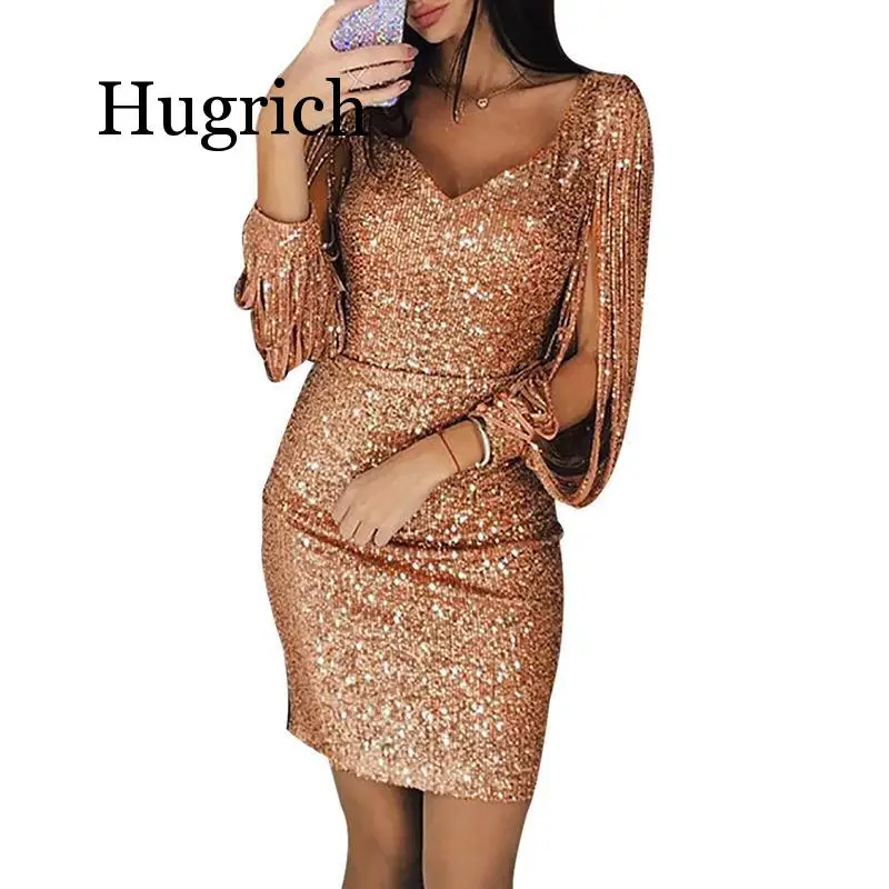 

2020 Plus Size 3XL Tassel Lantern Sleeve Sequin Dress Women Sexy V Neck Bodycon Dresses Summer Fashion Elegant Party Sequined