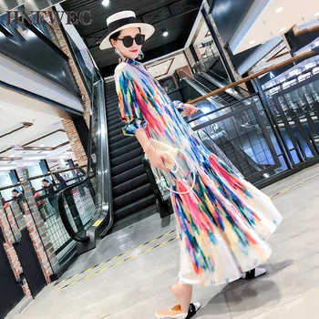 

Women Printed Hit Color Pleated Shirt Dress New Lapel Neck three-quarter Sleeve Loose Fit Fashion Spring Autumn 2020 T378