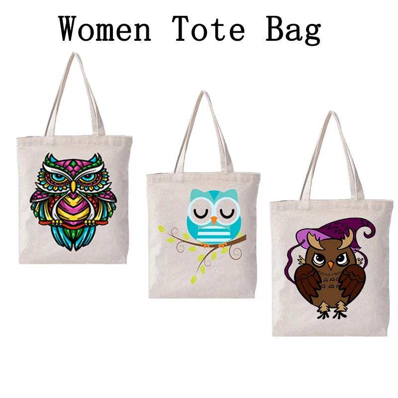 

Animal Tote Bag Ladies Duty Cotton Shopping Handbag Lovely Owl Print Durable Foldable Shoulder Bag Personalized Storage Package